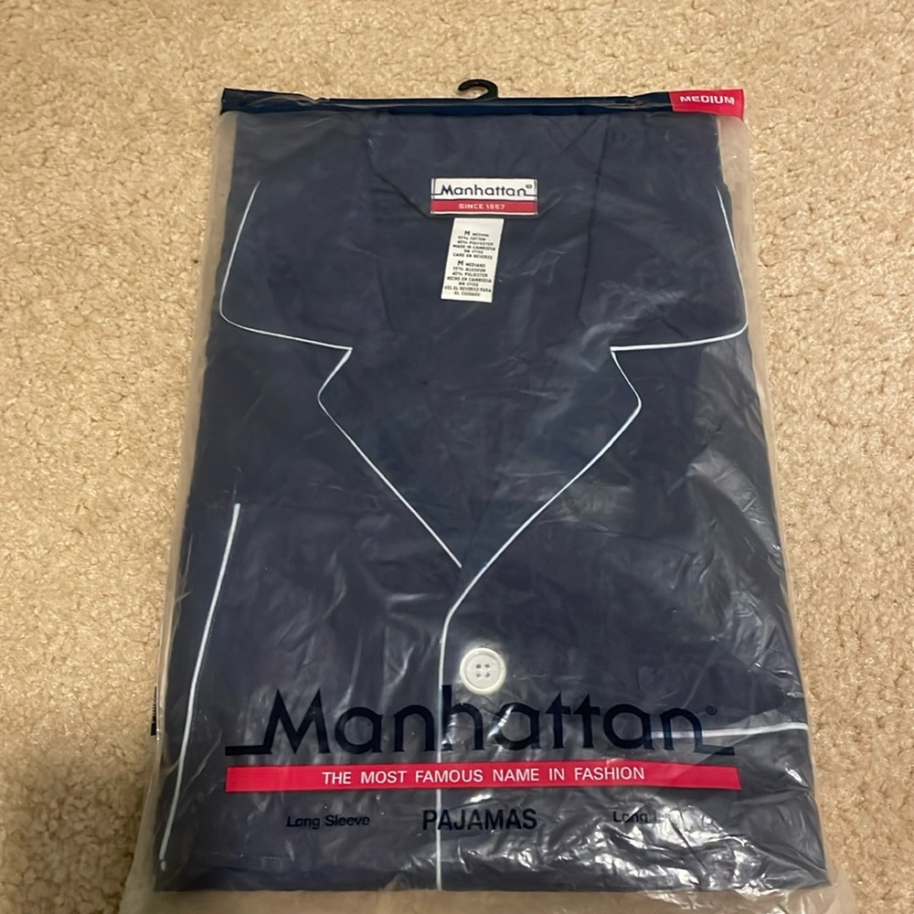 NOS Manhattan Vintage Mens Pajama Set Navy Blue Blend Button Front